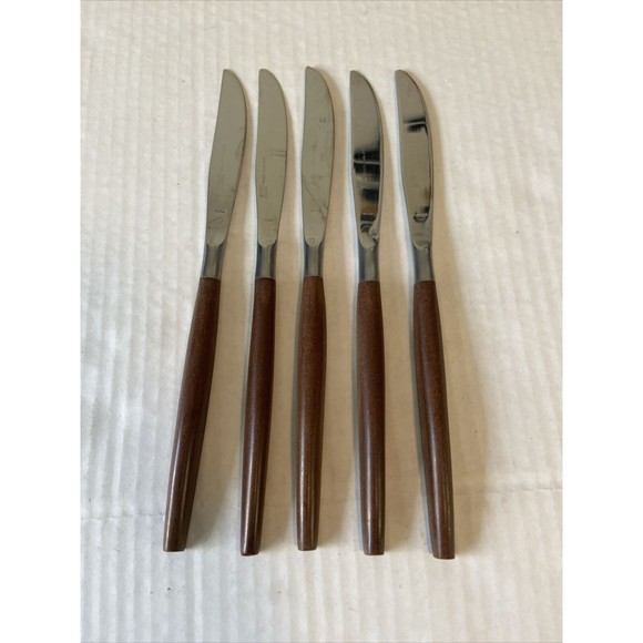 5 Knives MCM EKCO ETERNA Knife Canoe Muffin Replacement Flatware Wood Handle Vtg - Picture 1 of 7